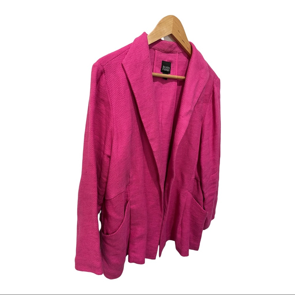 EILEEN FISHER HOT PINK LINEN BLEND COLLARED OPEN FRONT BLAZER JACKET SIZE MEDIUM - Picture 4 of 16